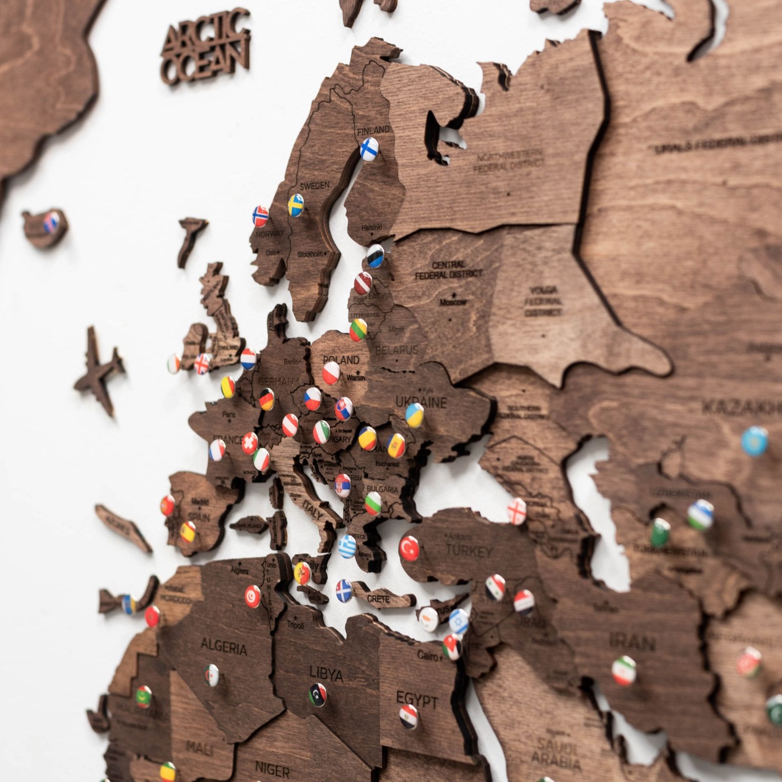 3D Wooden World Map Dark Walnut