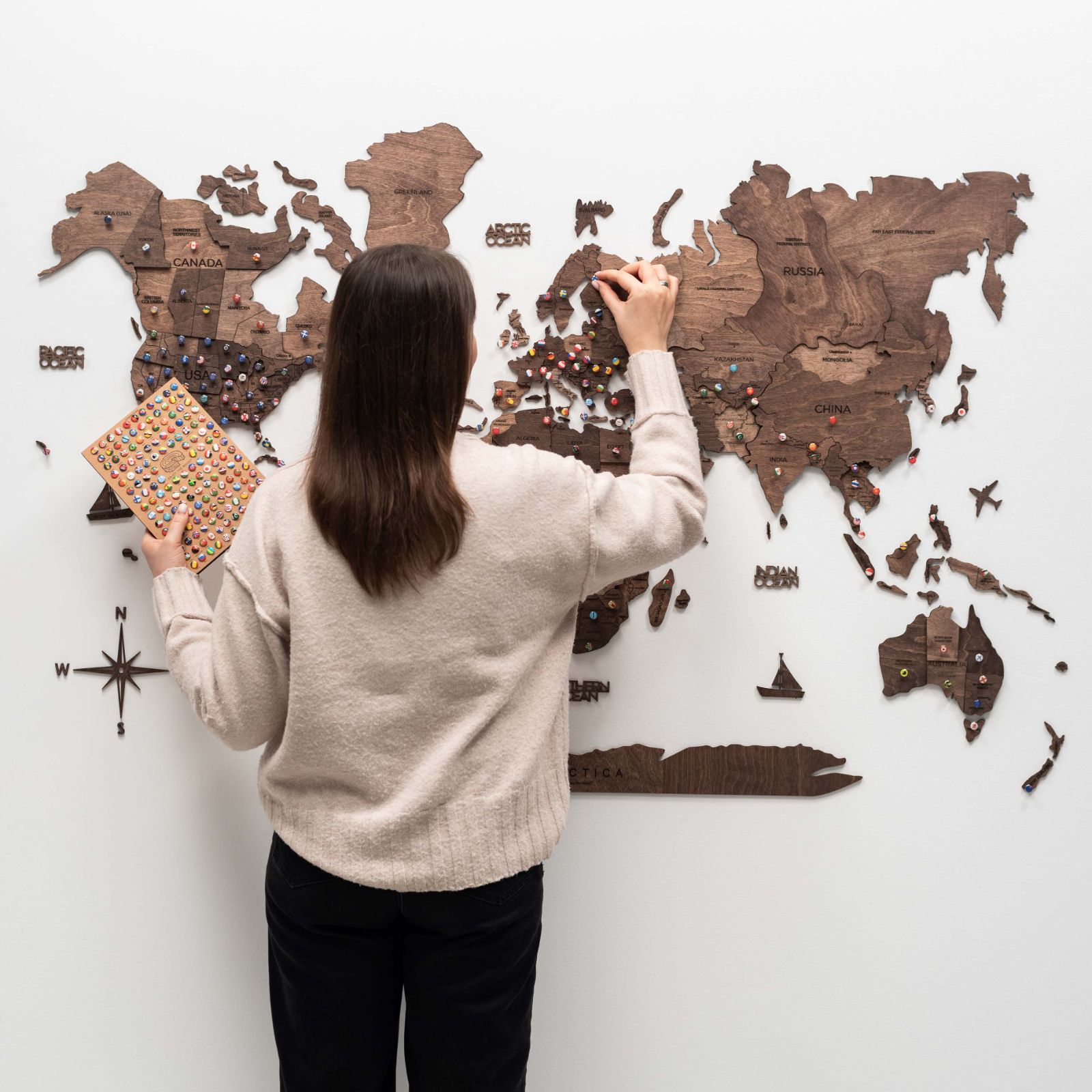 3D Wooden World Map Dark Walnut