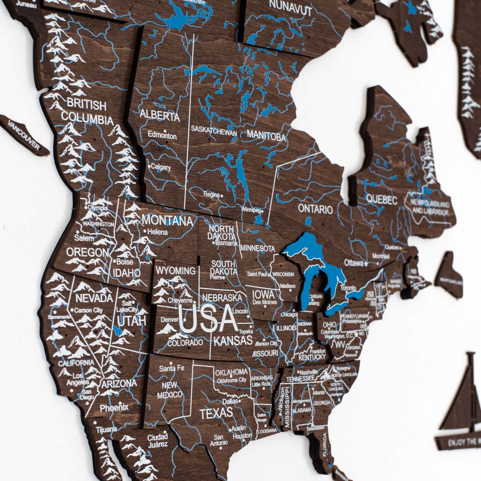 3D Wooden World Map Dark Walnut