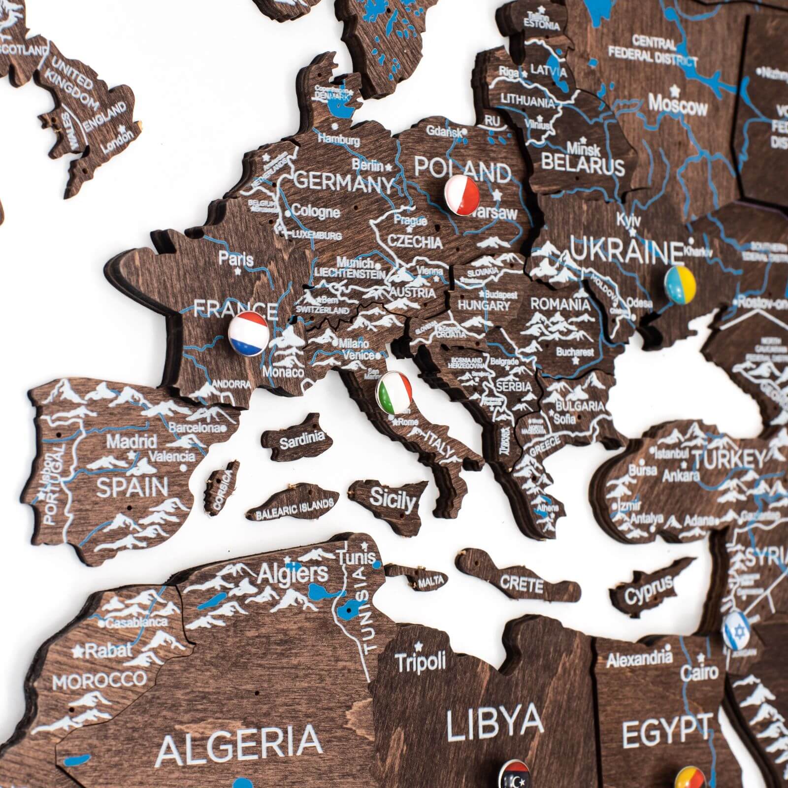 3D Wooden World Map Dark Walnut