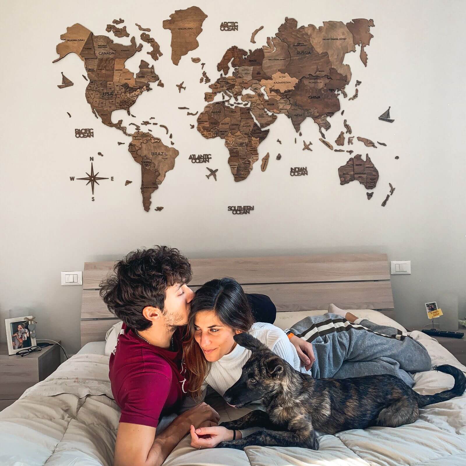 3D Wooden World Map Dark Walnut