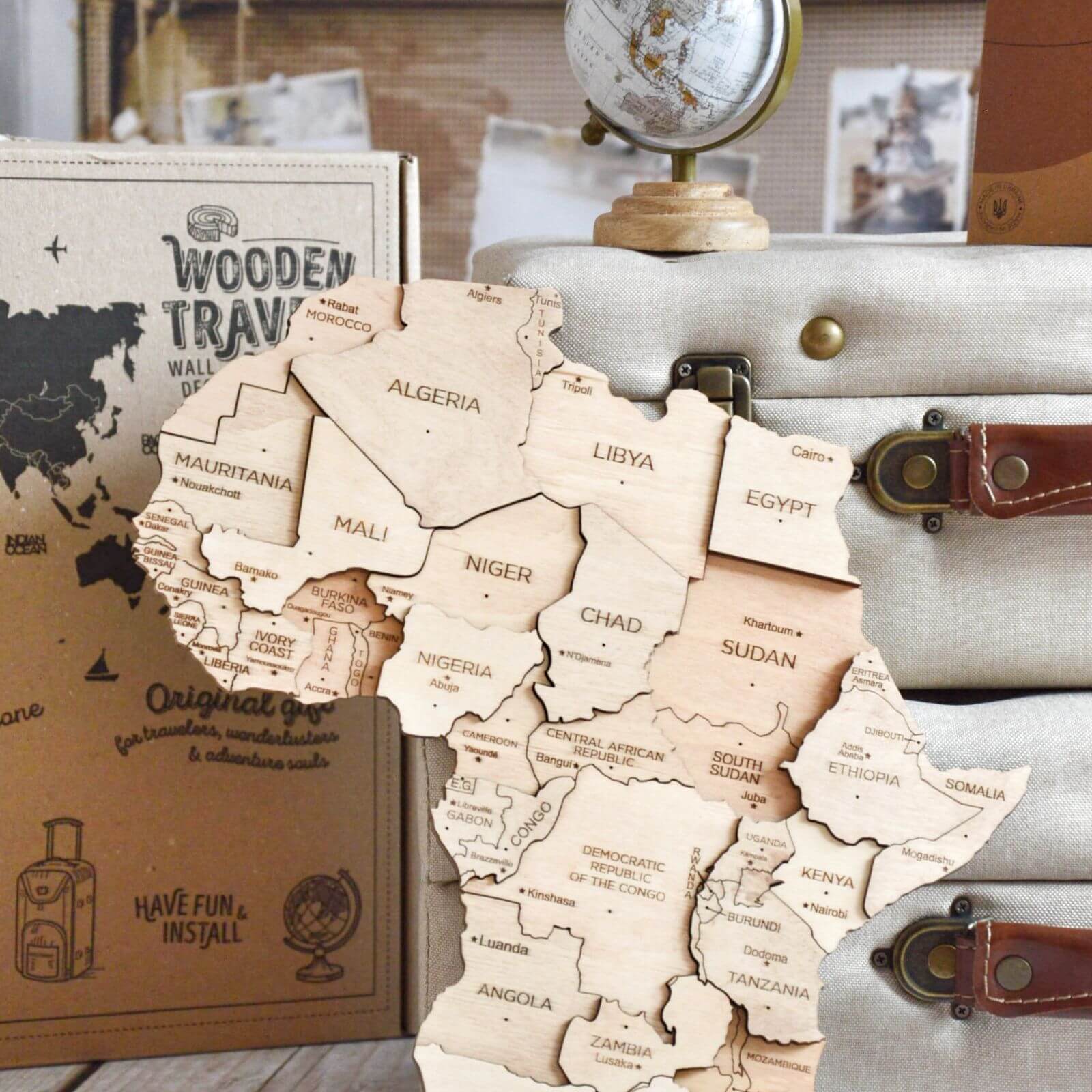 Wall Decor Bundle: 3D Wooden World Map with Flag Pins