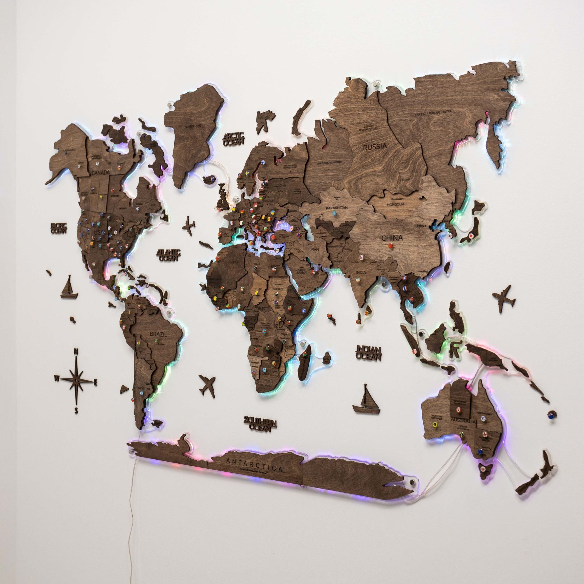 3D LED Wooden World Map 2.0 Dark Walnut