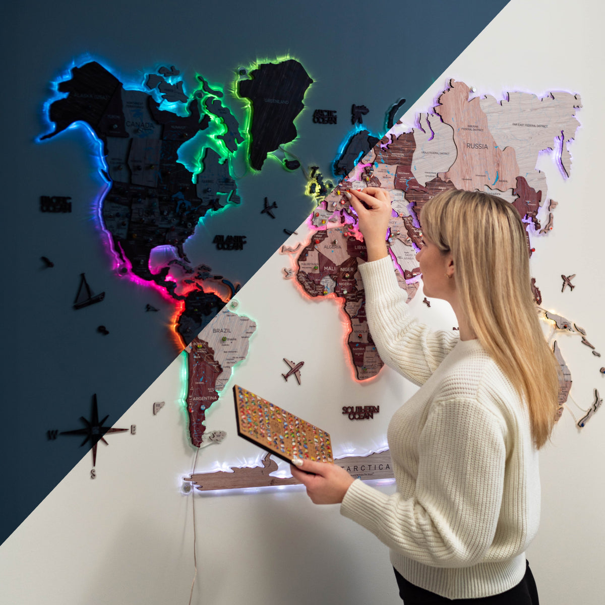 3D LUMINOUS LED Wooden World Map 2.0 Cappuccino