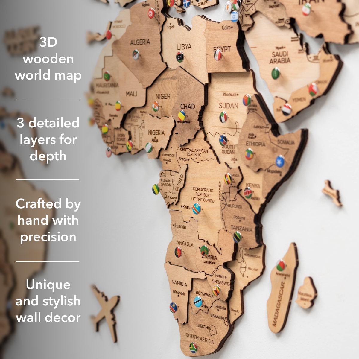 3D Wooden World Map Light