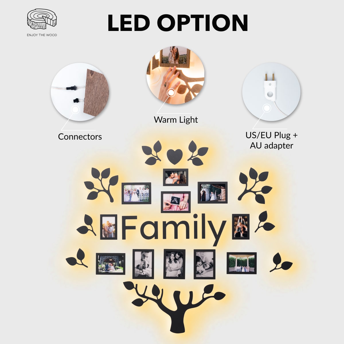 Wooden Led Family Tree - Black Ember