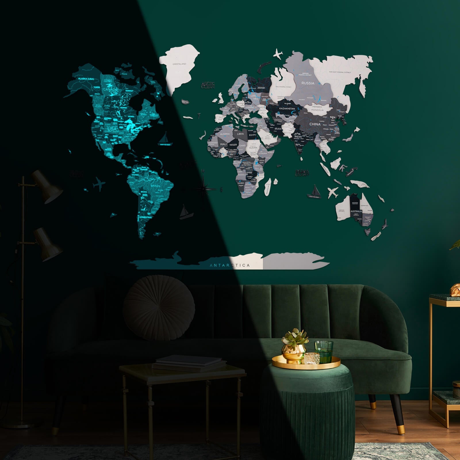 3D Luminous/Magnetic Colored Wooden World Map Nordik