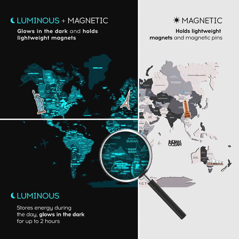 3D Luminous/Magnetic Colored Wooden World Map Nordik