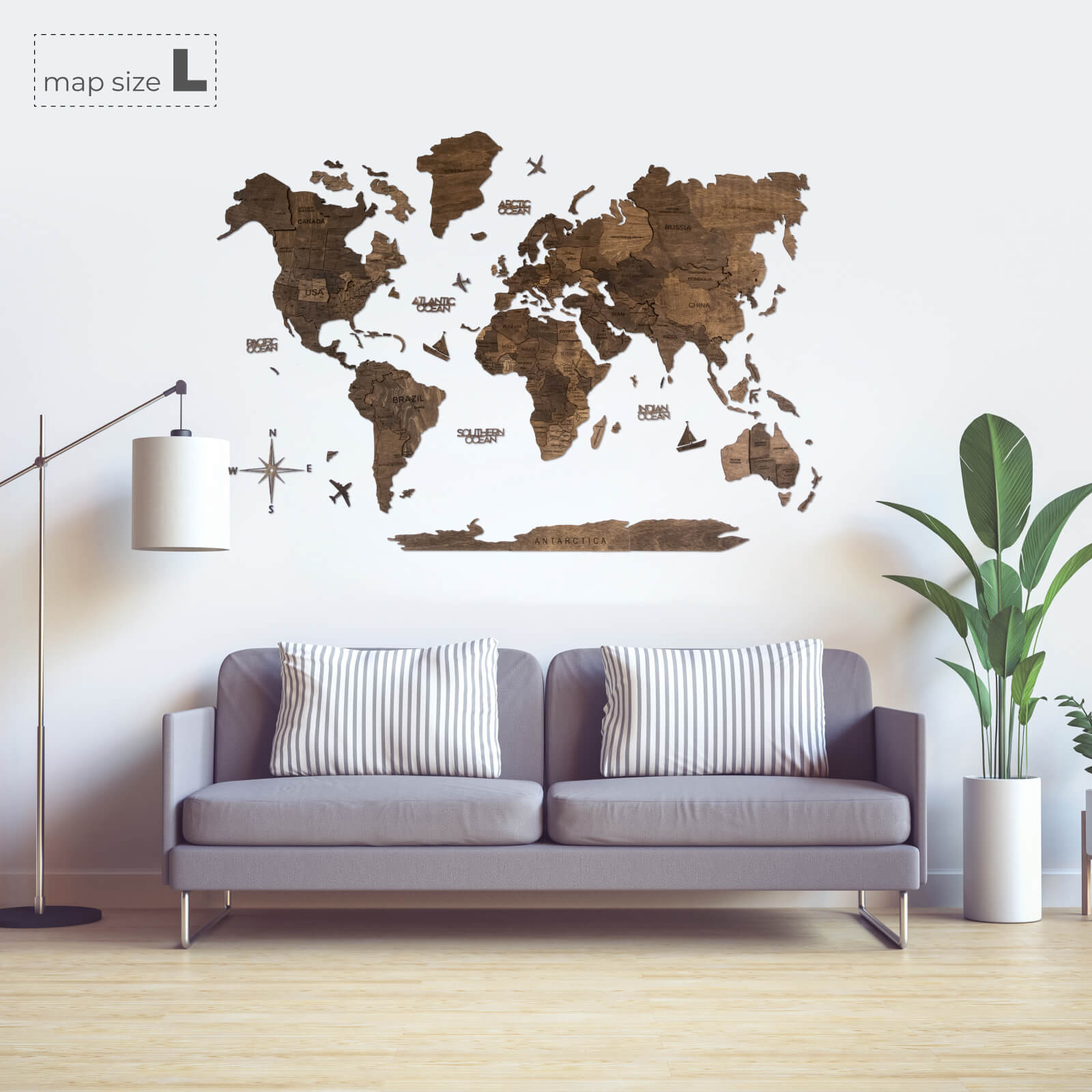 3D Wooden World Map Dark Walnut
