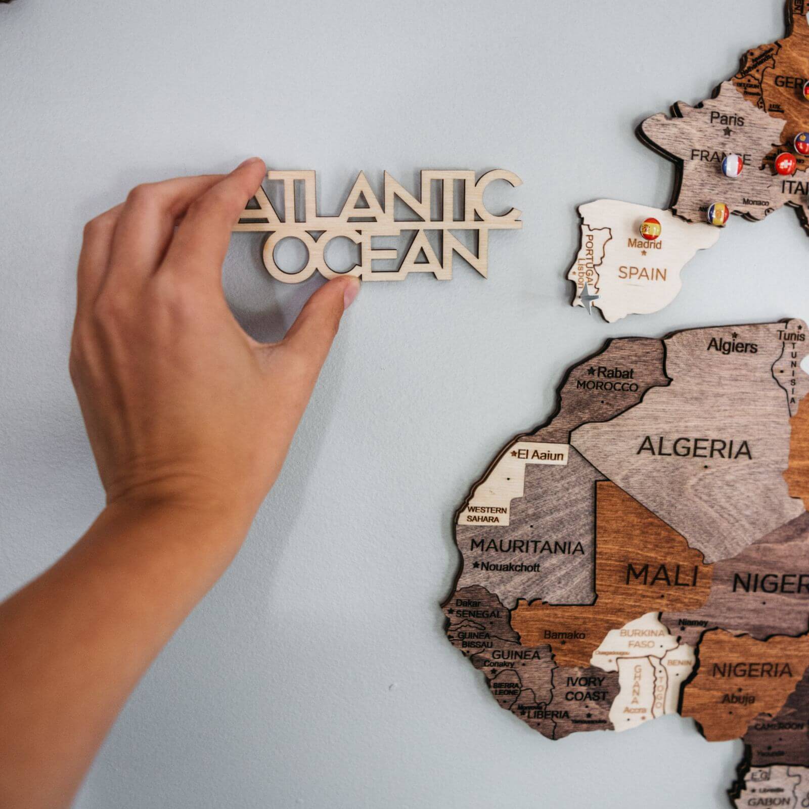 Wall Decor Bundle: 3D Wooden World Map with Flag Pins