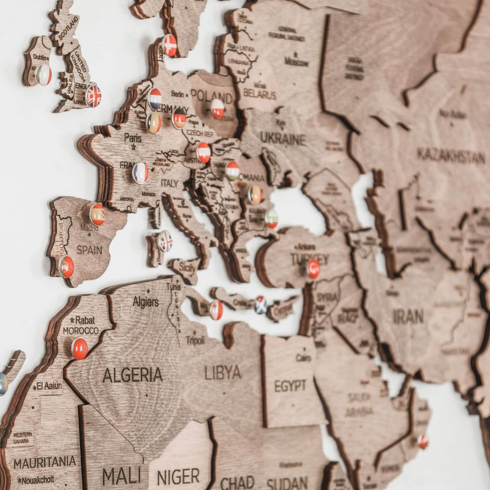 Wall Decor Bundle: 3D Wooden World Map with Flag Pins