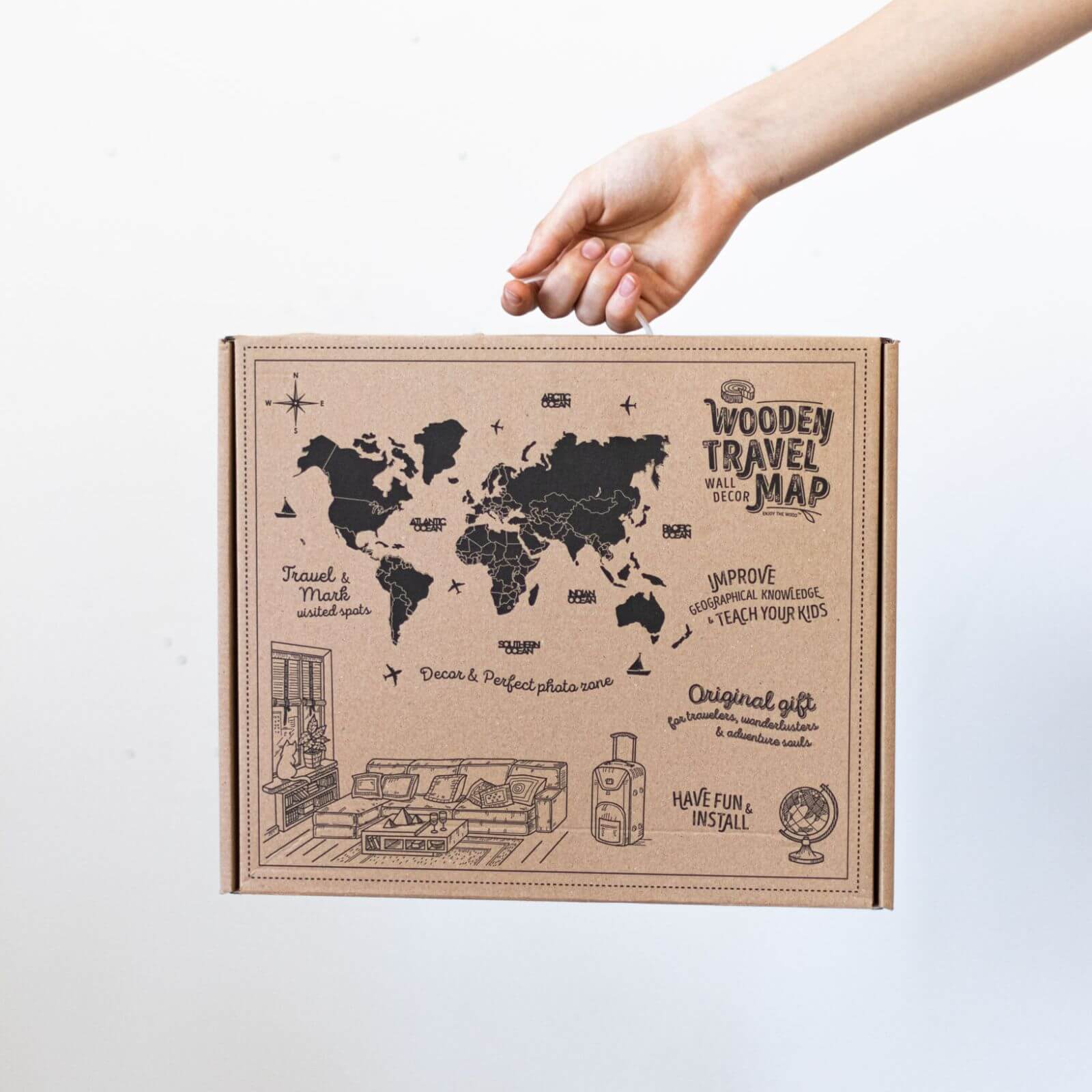 3D Luminous/Magnetic Colored Wooden World Map Azure