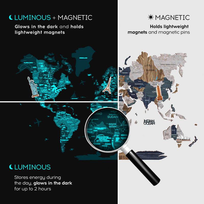 3D Luminous/Magnetic Colored Wooden World Map Mystery