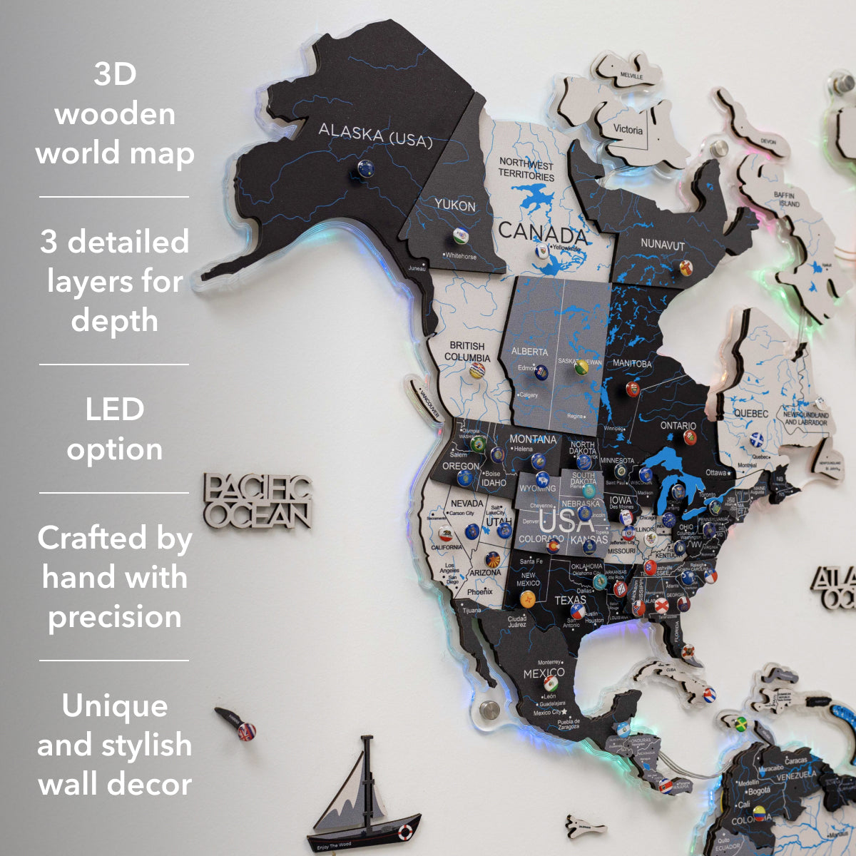 3D LUMINOUS LED Wooden World Map 2.0 Nordik