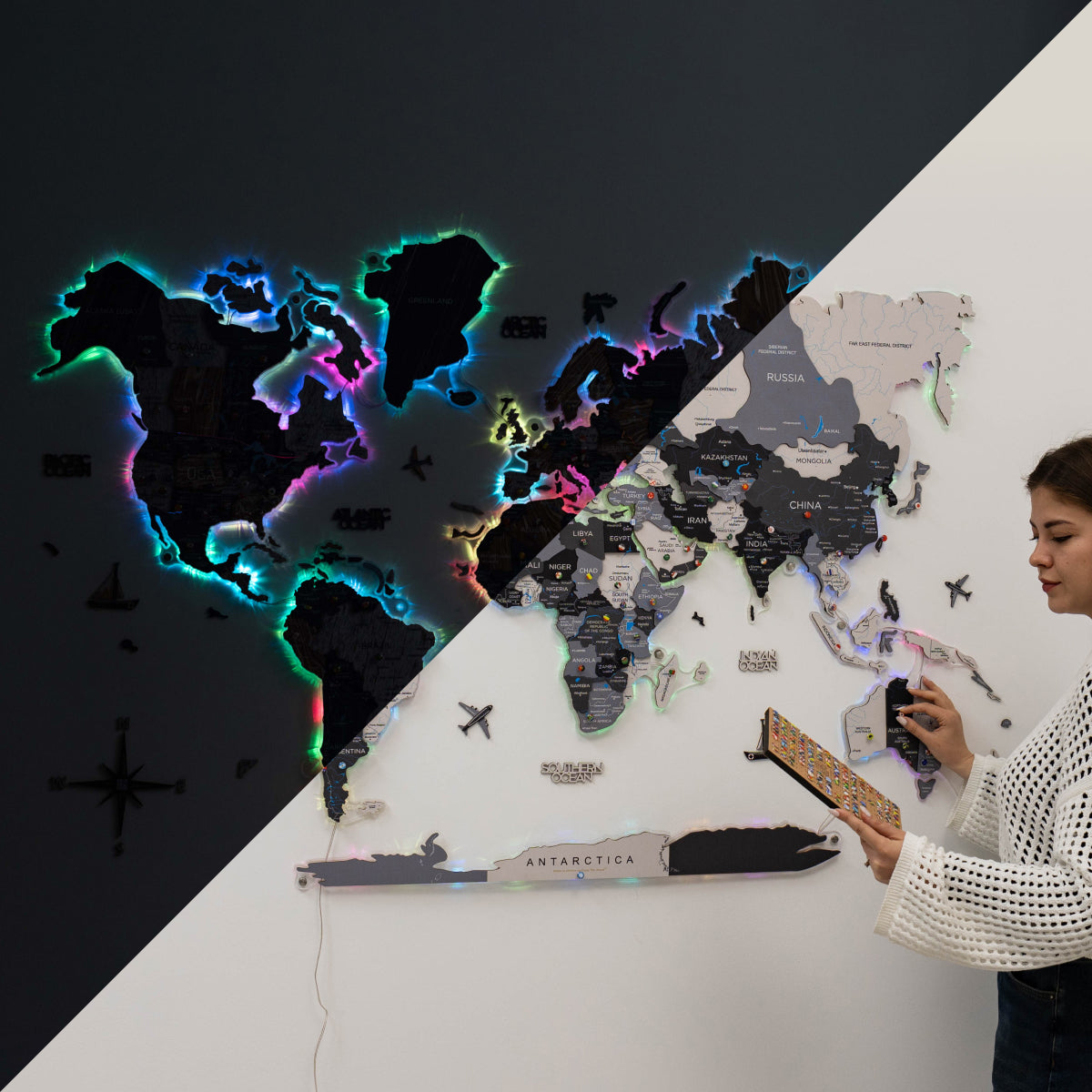 3D LUMINOUS LED Wooden World Map 2.0 Nordik