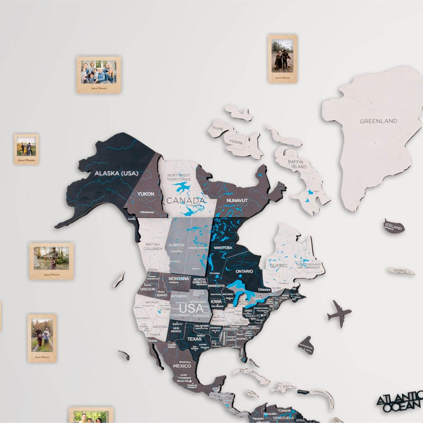 Bundle: Colored Map, Photo Frames, Flags and Airplanes Pins