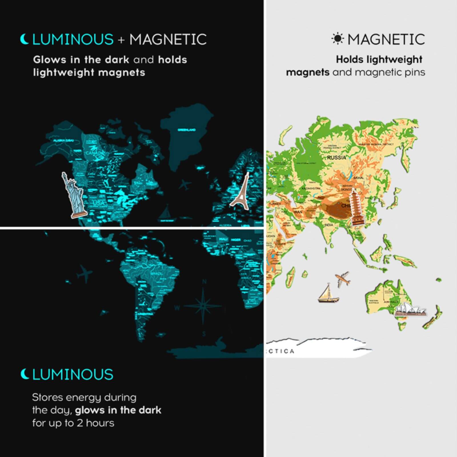 3D Luminous/Magnetic Colored Wooden World Map Physical
