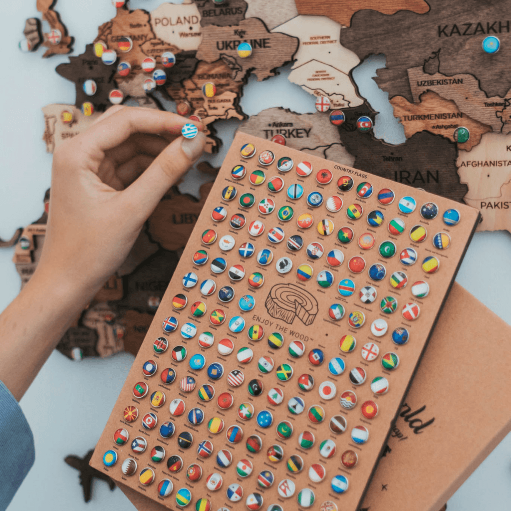 Wall Decor Bundle: 3D Wooden World Map with Flag Pins