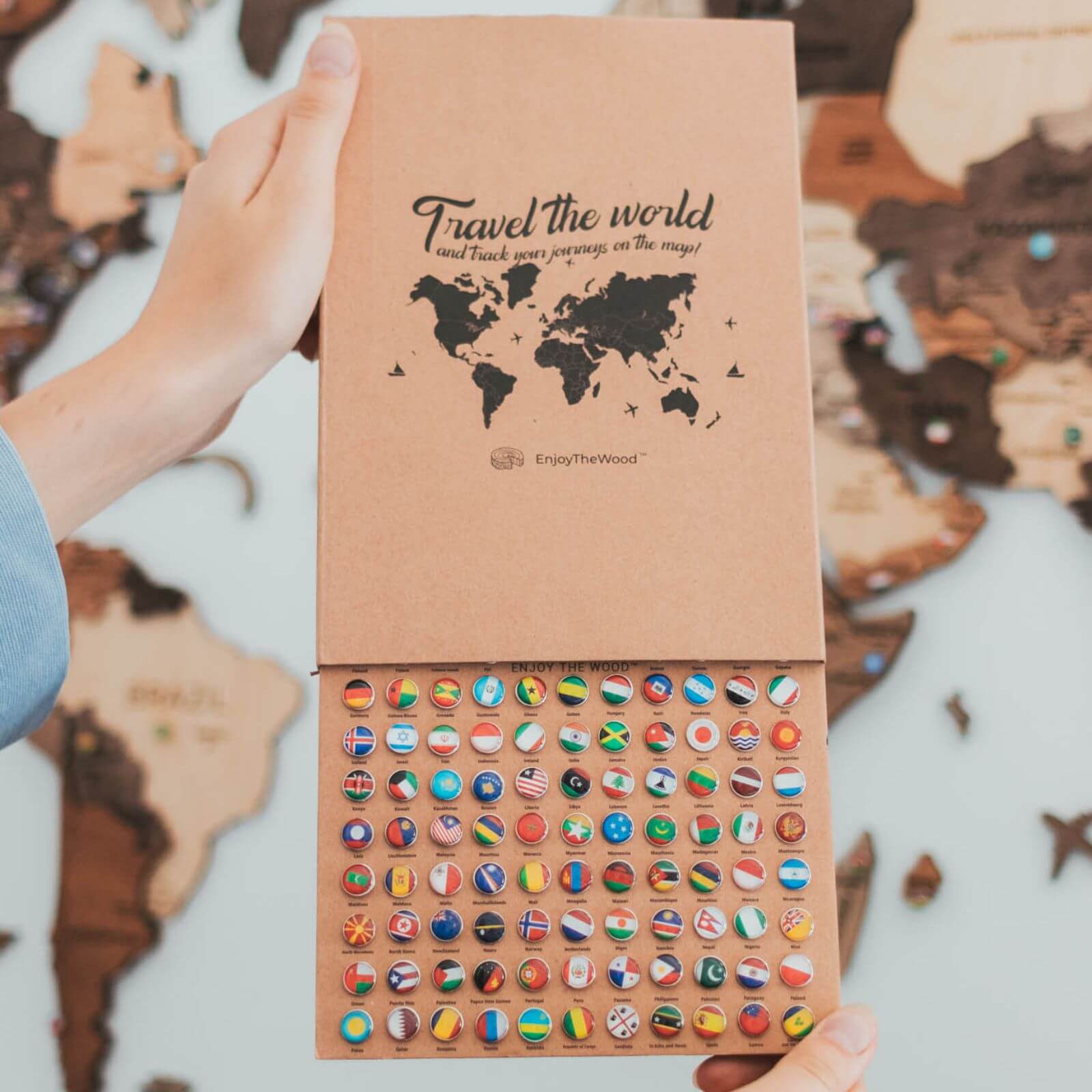 Travel Wall Decor Set: 3D Wooden Colored Map with Flag Pins