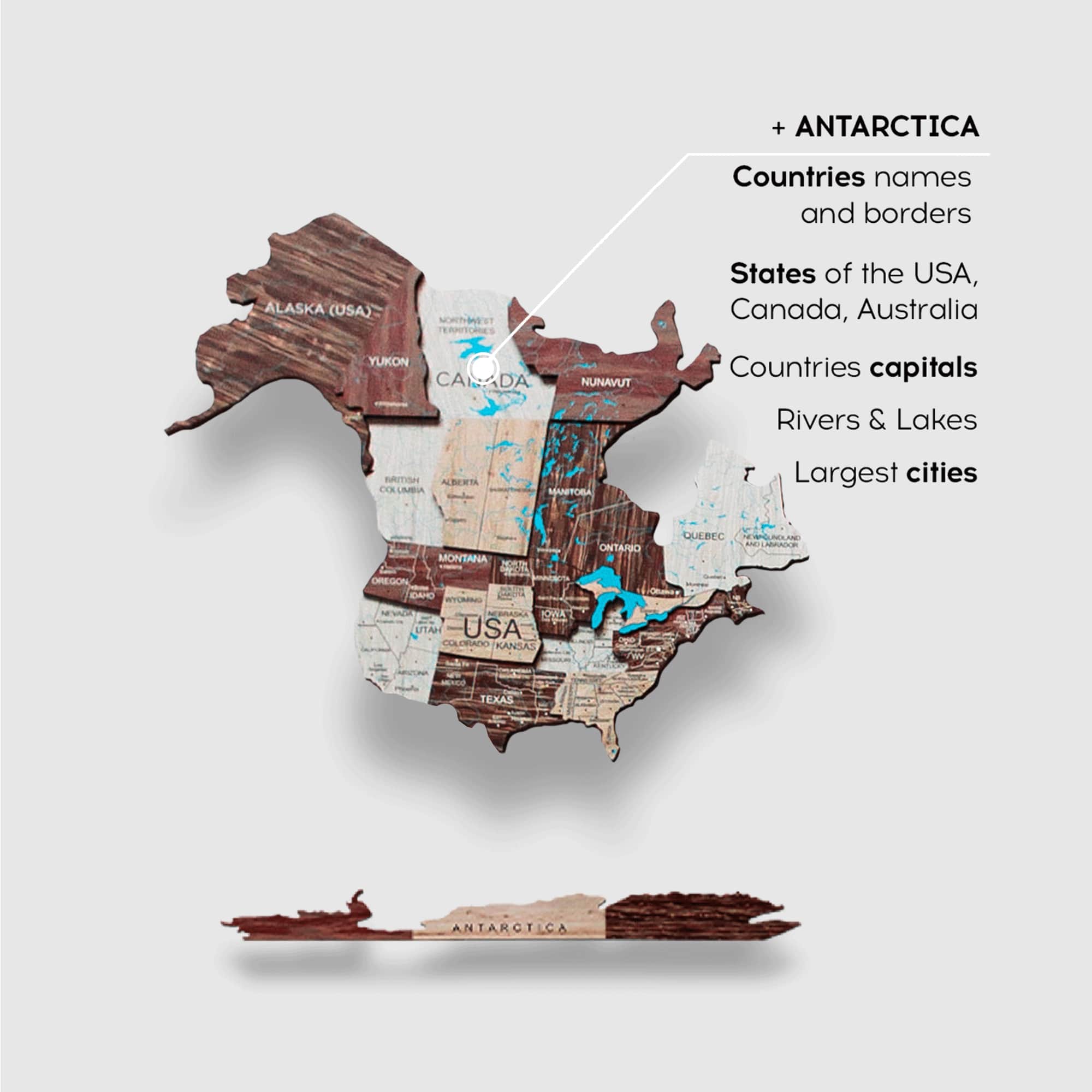 3D Wooden World Map Cappuccino (for US only)