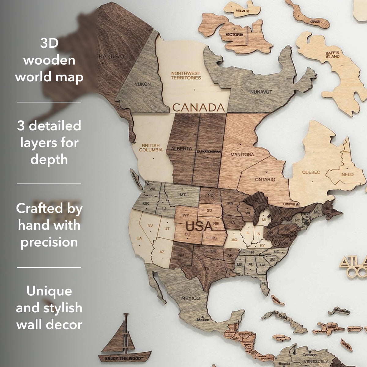3D Wooden World Map Smokey