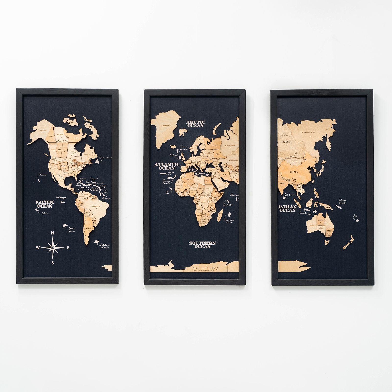 3D Wooden Triptych World Map Gold