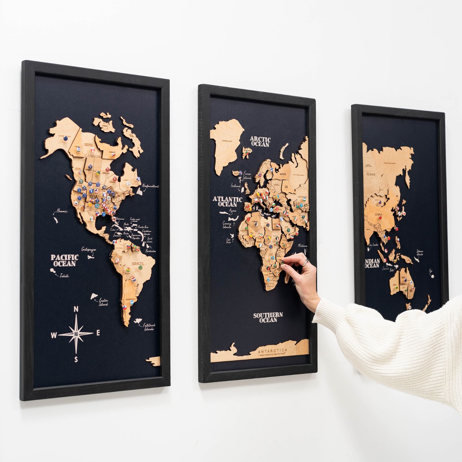 3D Wooden Triptych World Map Gold