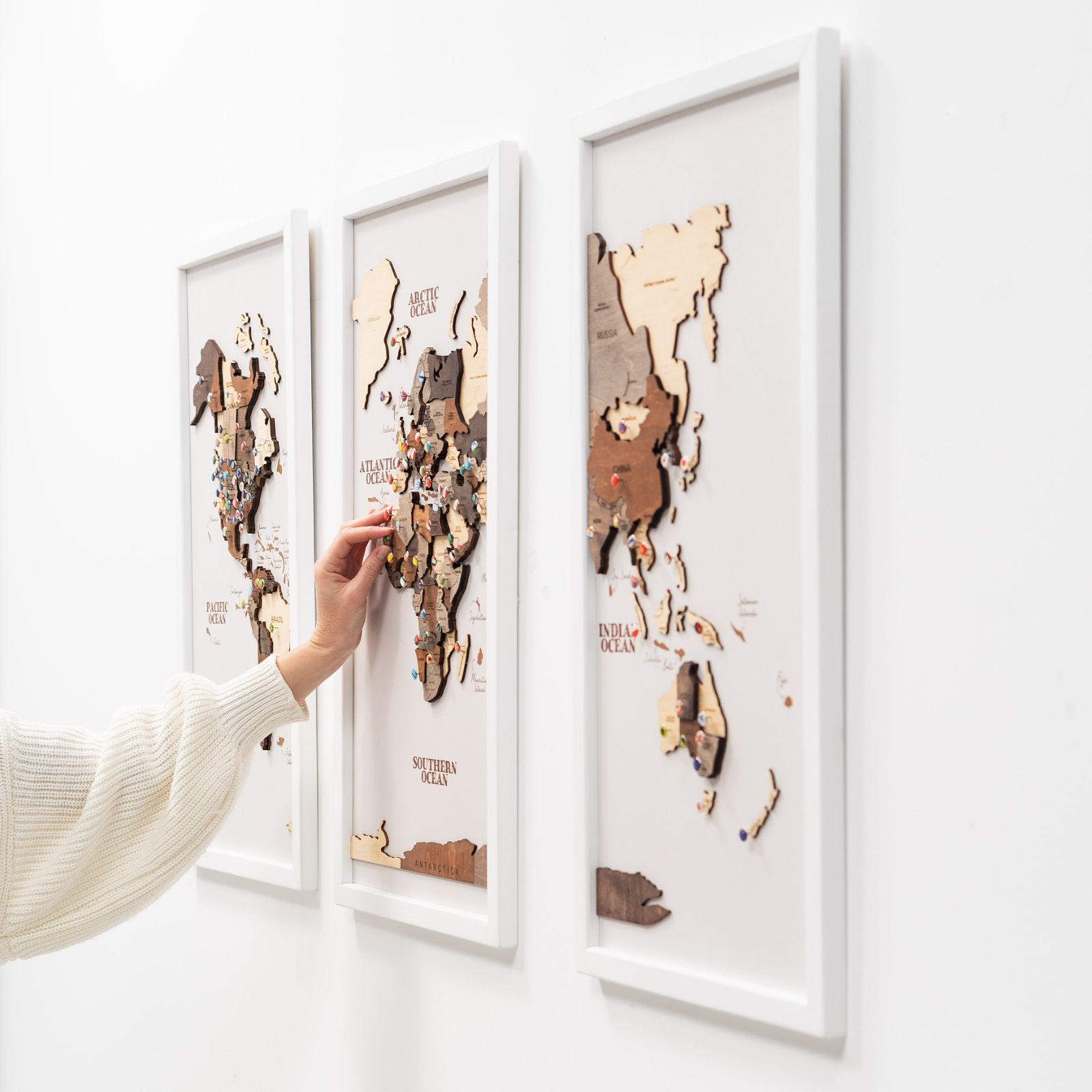 3D Wooden Triptych World Map Multicolor