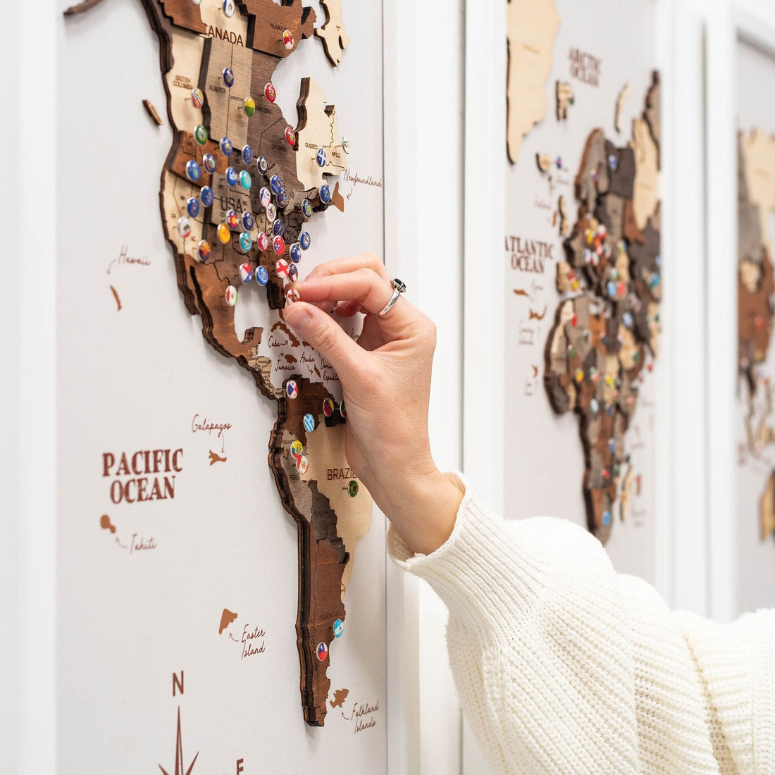 3D Wooden Triptych World Map Multicolor