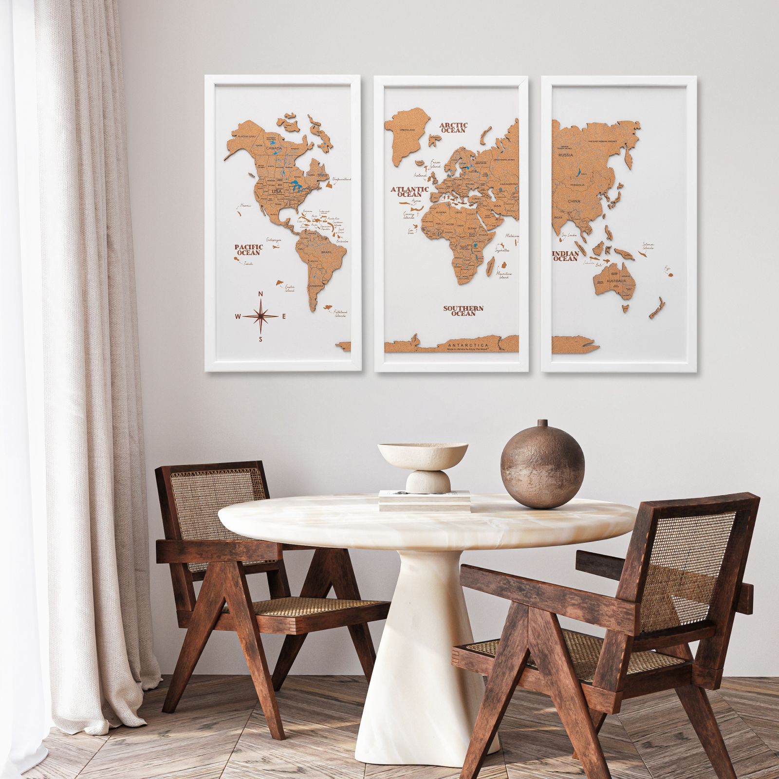 Cork world map triptych - Black
