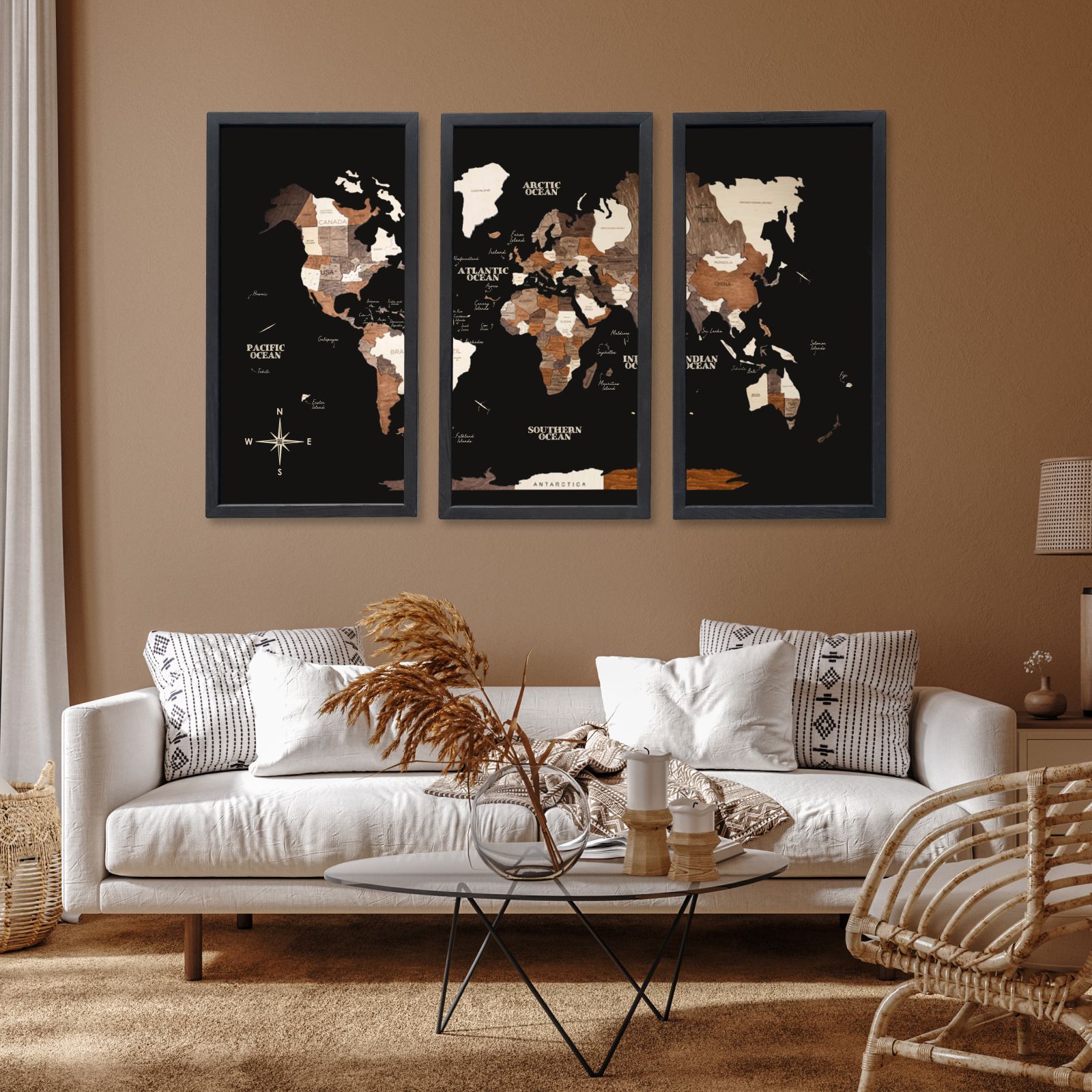 3D Wooden Triptych World Map Multicolor