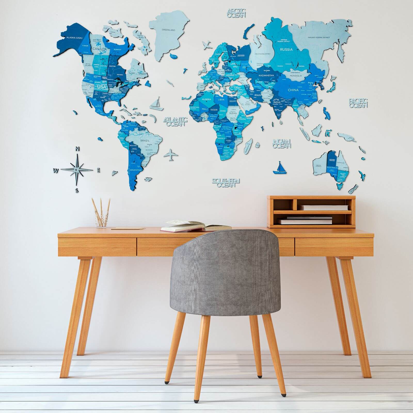 3D Luminous/Magnetic Colored Wooden World Map Azure
