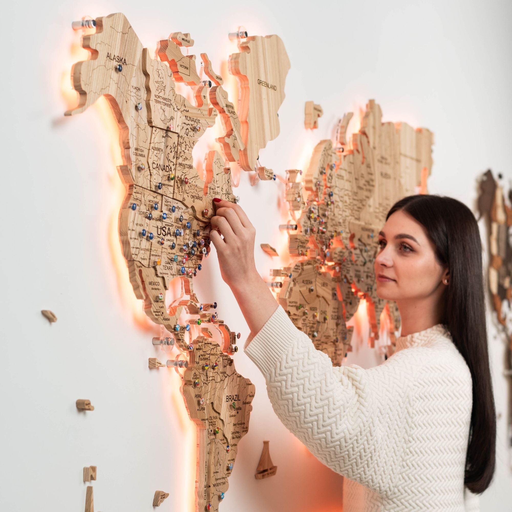 3D Solid Wooden World Map - Ash