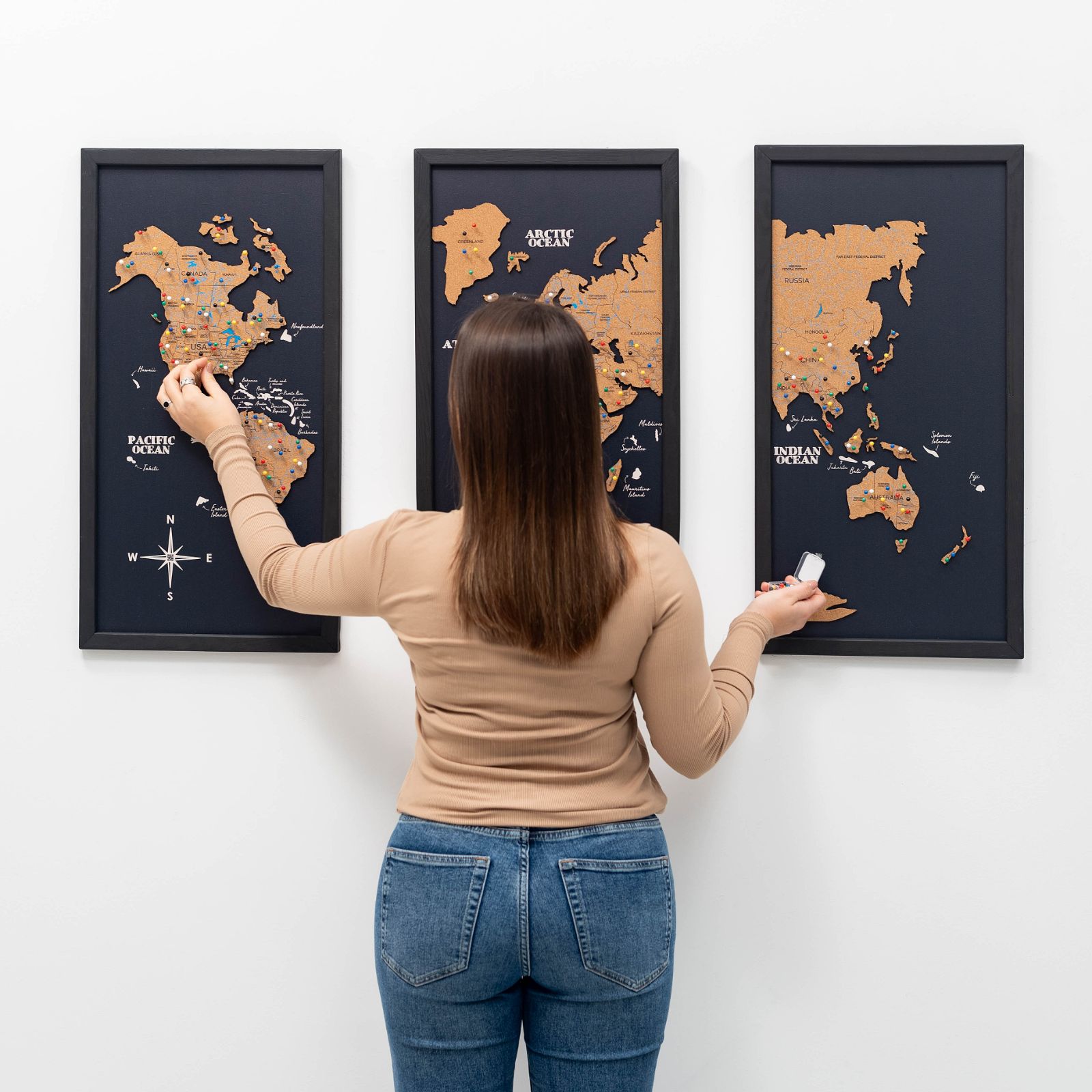 Cork world map triptych - Black