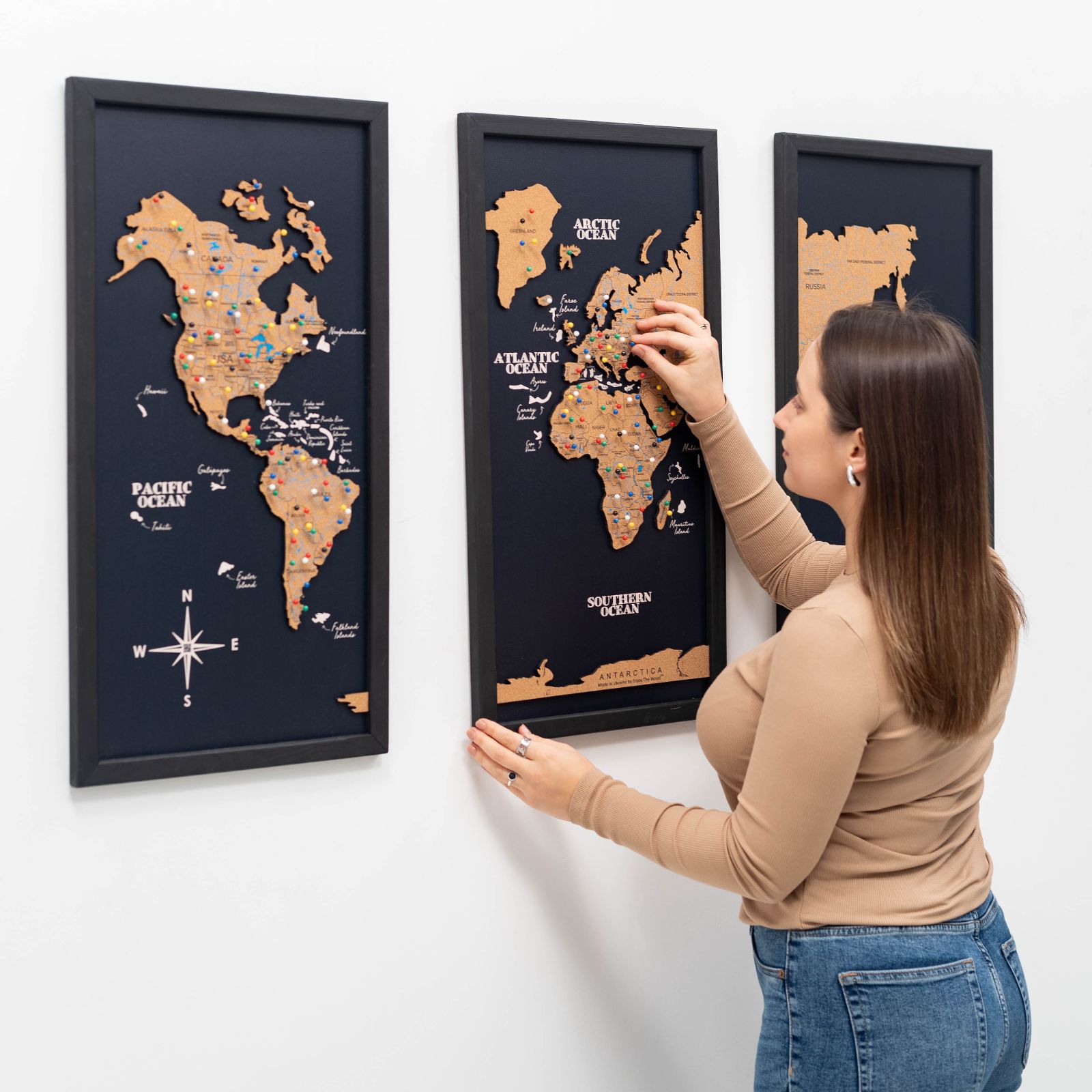 Cork world map triptych - Black