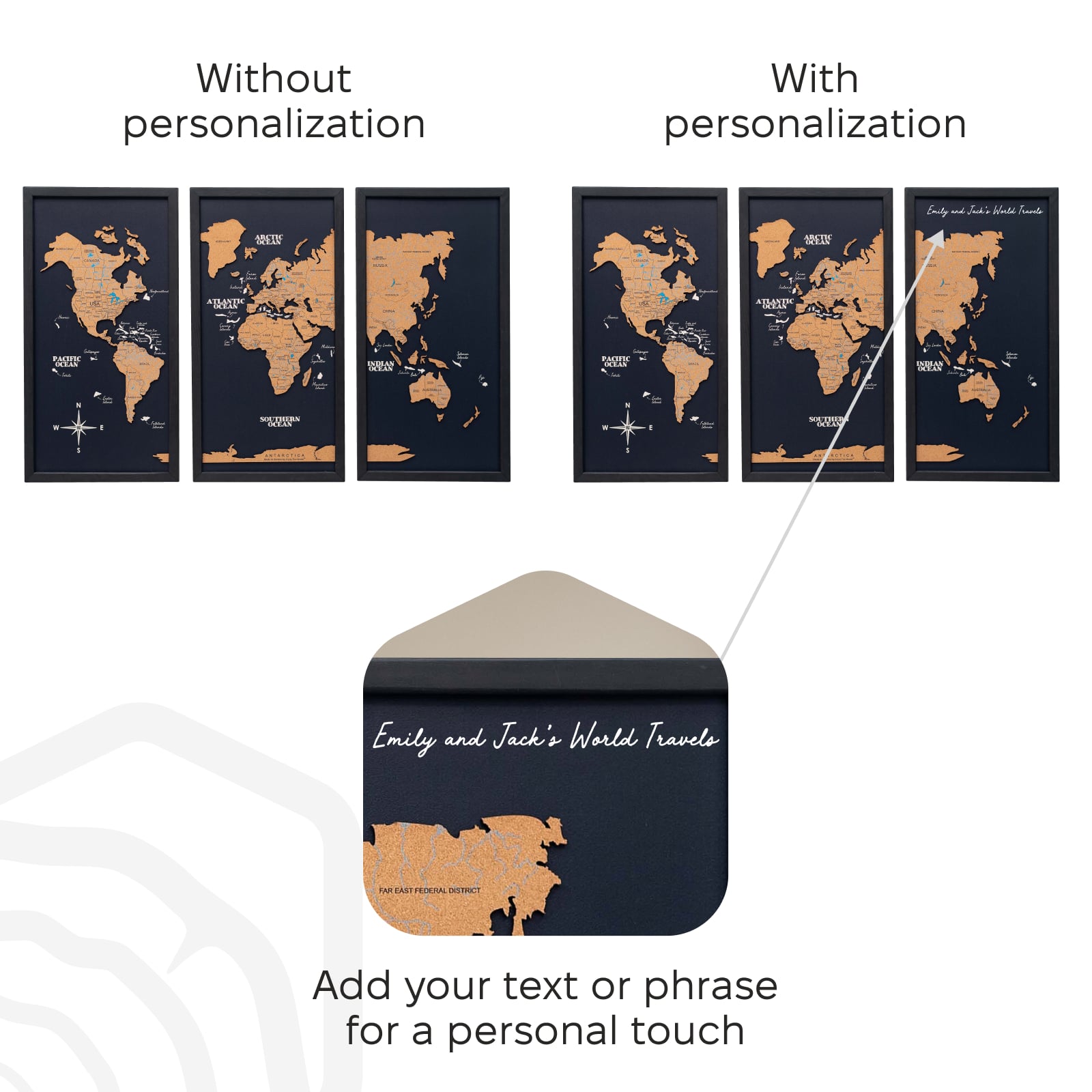 Cork world map triptych - Black
