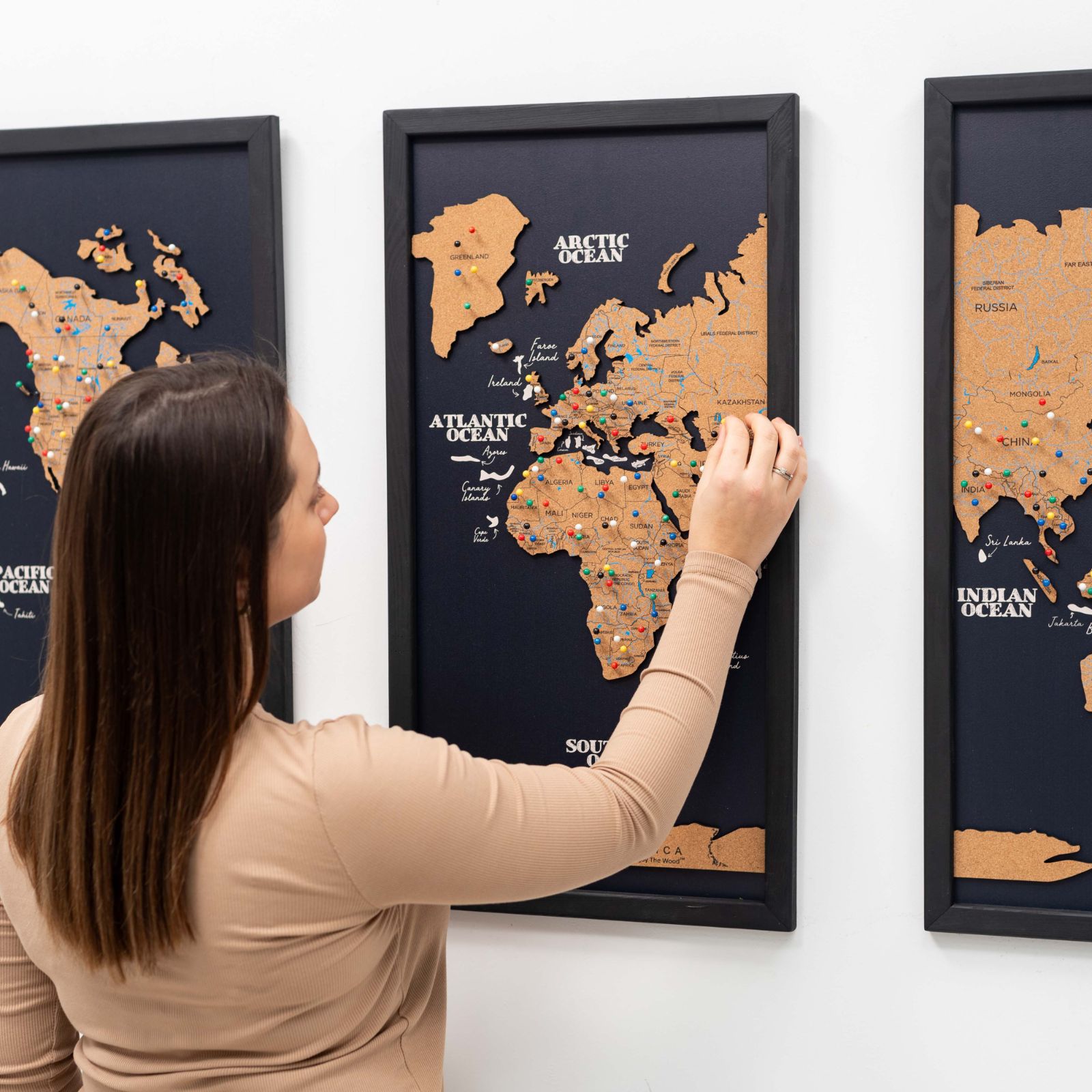 Cork world map triptych - Black