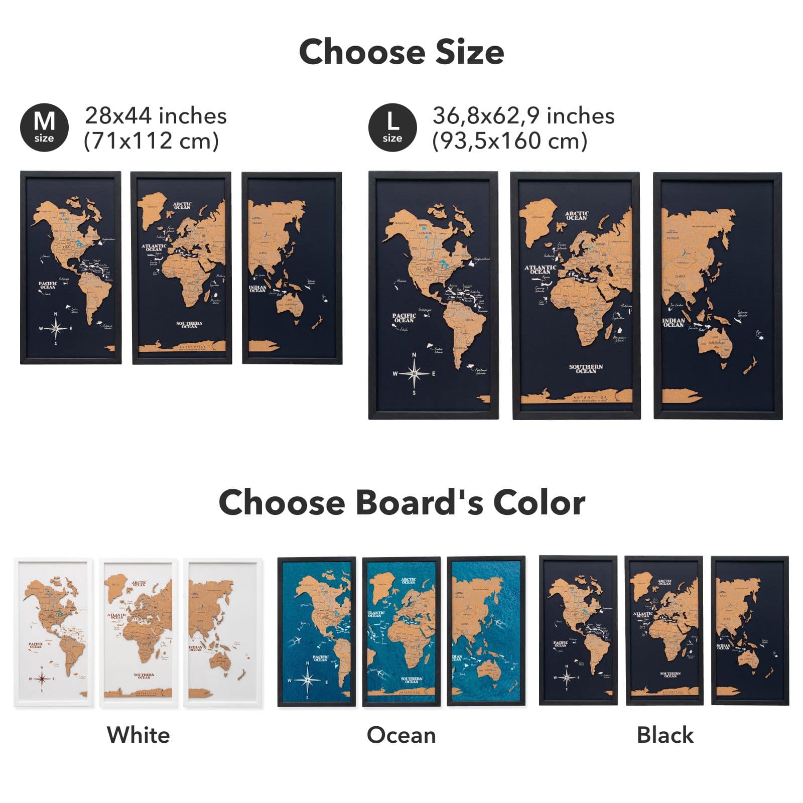 Cork world map triptych - Black