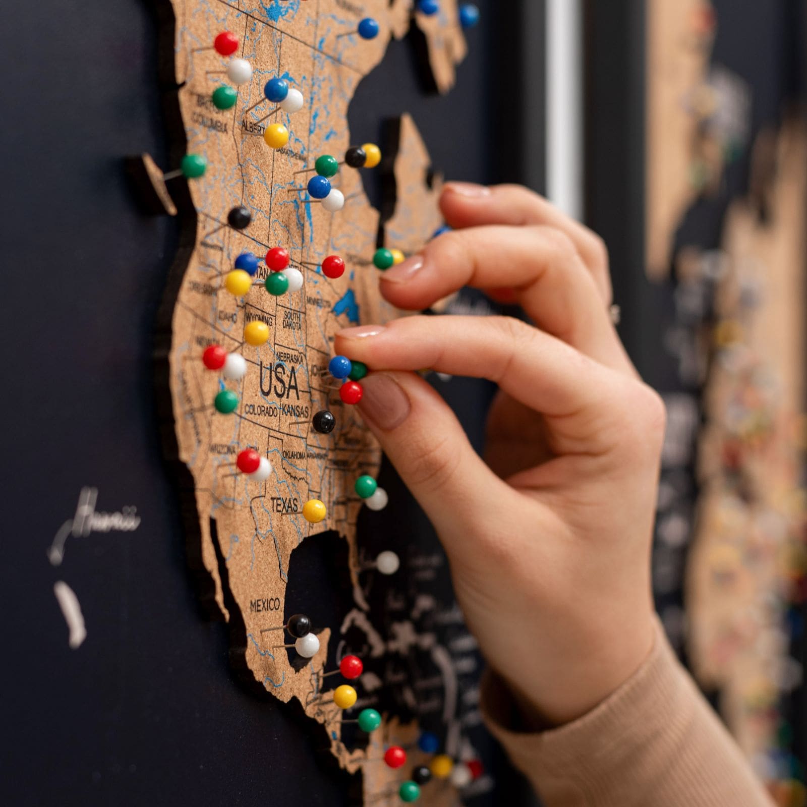 Cork world map triptych - Black