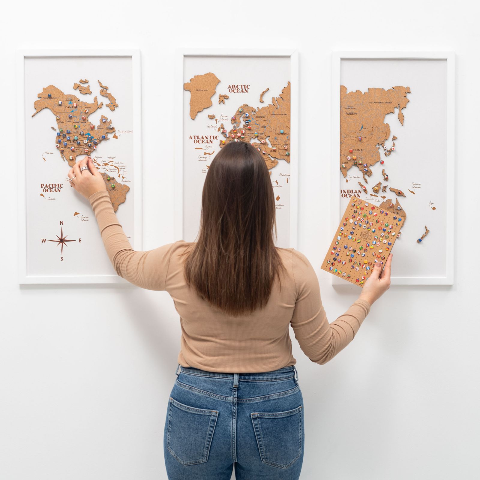 Cork world map triptych - White