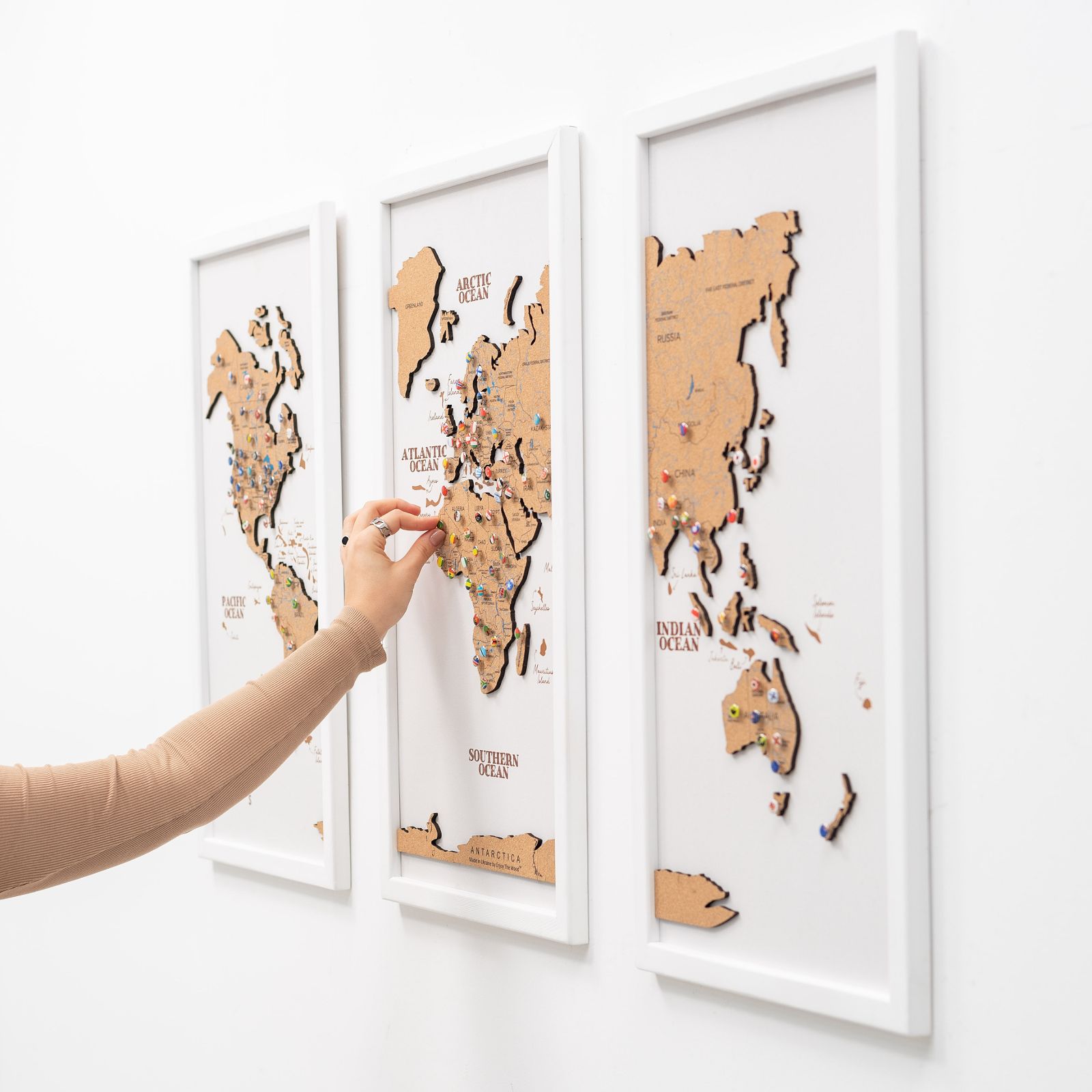 Cork world map triptych - White