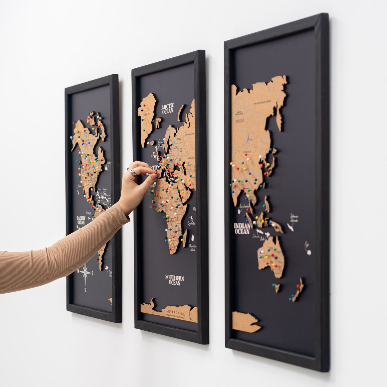 Cork world map triptych - Black
